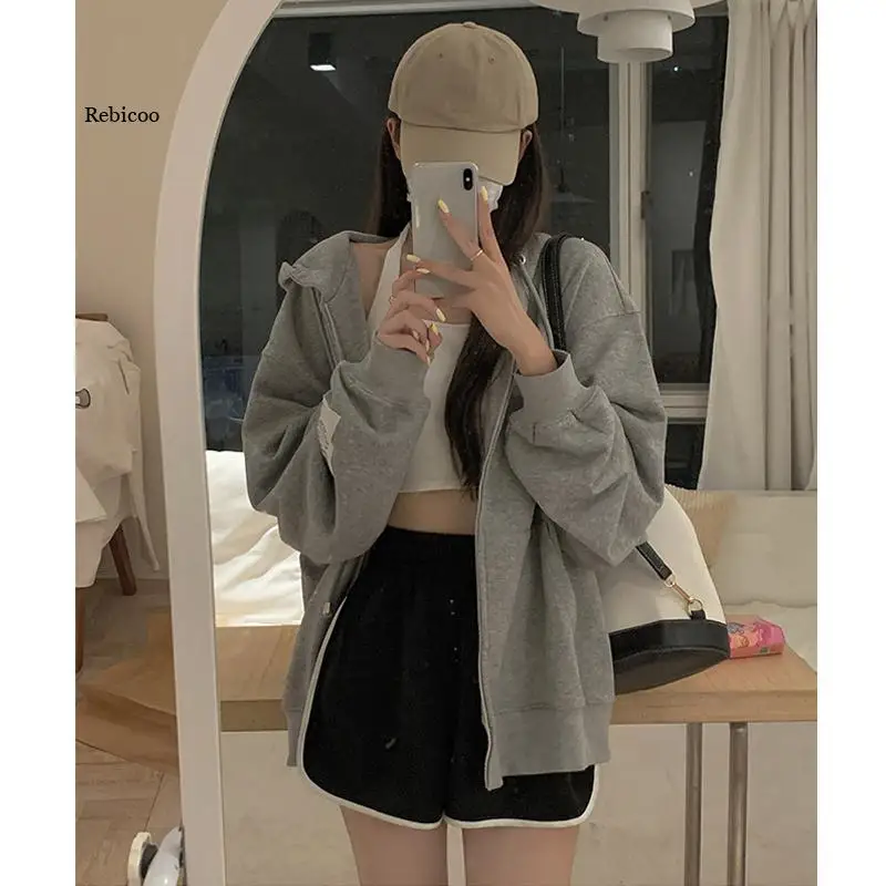 Oversized Women Jacket Coat Casual Long Sleeve Korean Style Pure Color Sport Hoodies Female Outdoor Y2K Sweatshirts Autumn