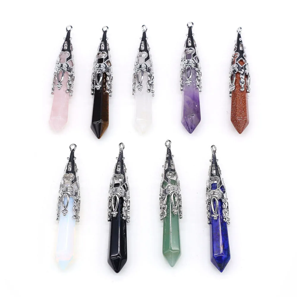 Vintage Natural Stone Pendant Cone Shape Lapis Lazuli Opal Pendulum for Fashion Jewelry Making DIY Women Necklace Accessory