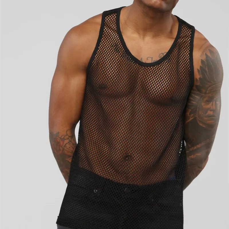 New Men\'s Tops Sexy Mesh Sheer Perspective Vest Fishing Net Muscle Sleeveless See Through Tops