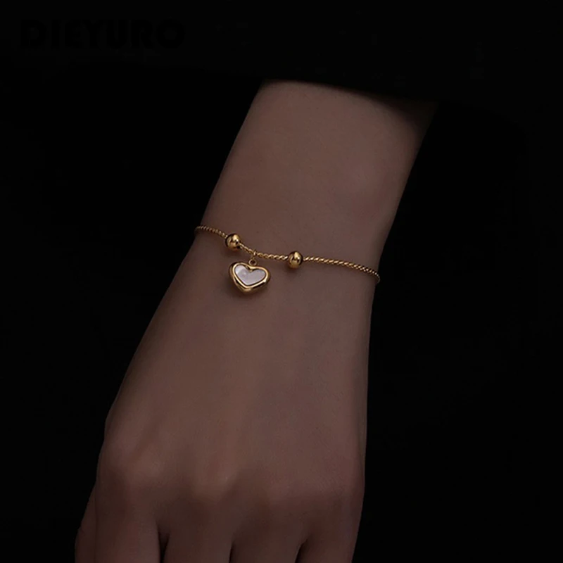 DIEYURO 316L Stainless Steel 2021 Elegant Shell Love Heart Pearl Drawstring Design Round Bead Bracelet Adjustable Wedding Gift