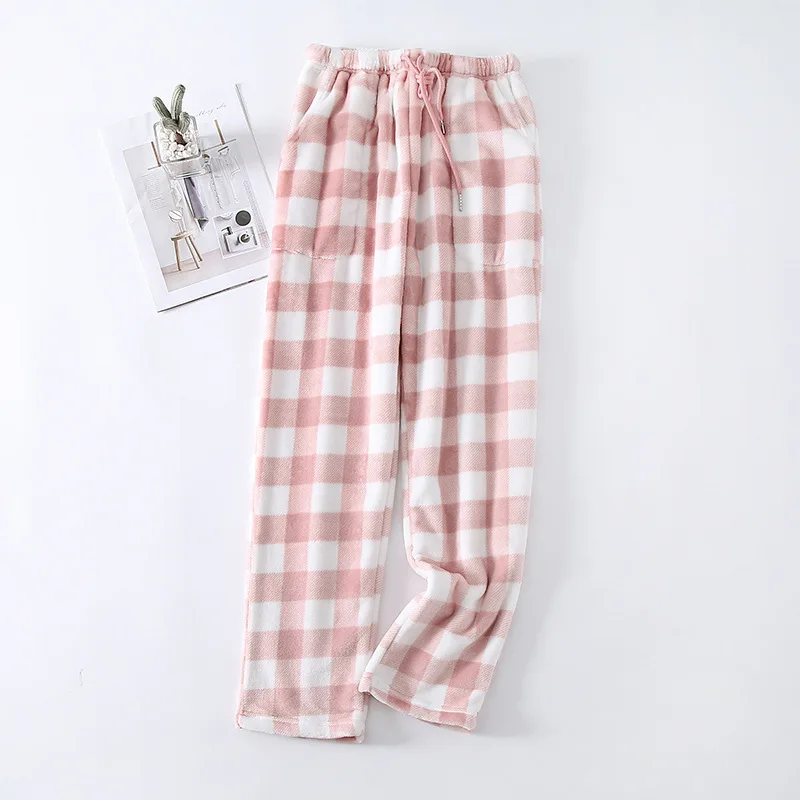 Fdfklak Fashion Plaid Flannel Sleep Bottoms Casual Loose Coral Fleece Warm Sleepwear Home Wear Pajamas Pant For Women Trousers