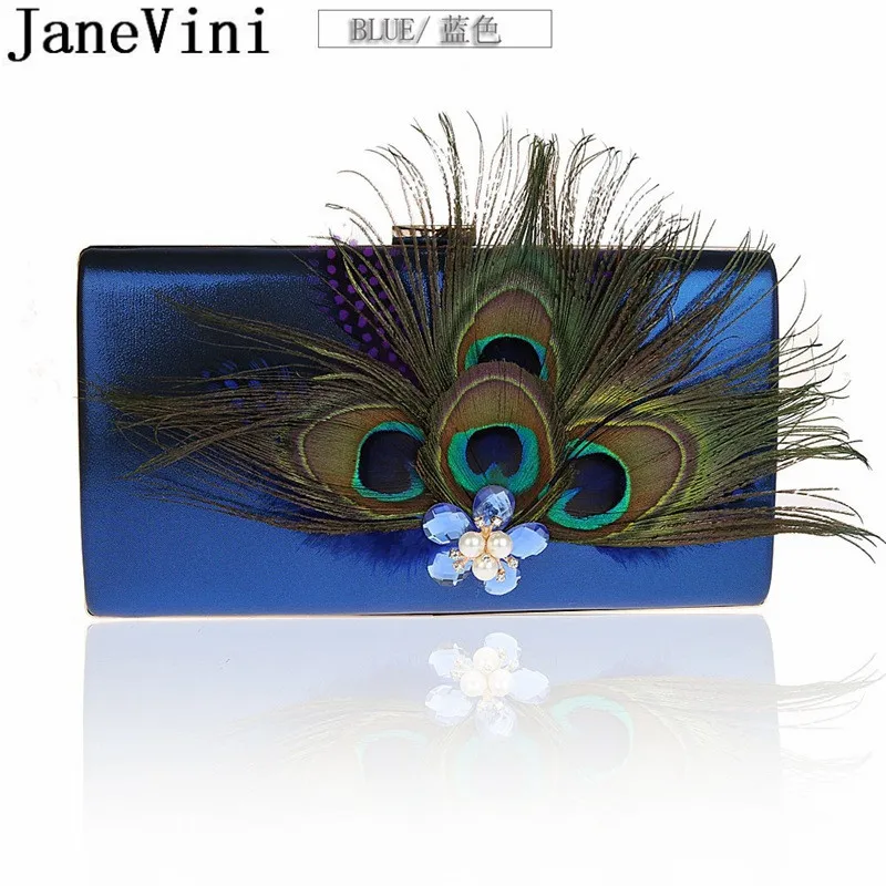 JaneVini-Bolso de mano de plumas de pavo real para mujer, bandolera rectangular de perlas de cristal, bolsos de noche dorados y azules reales para