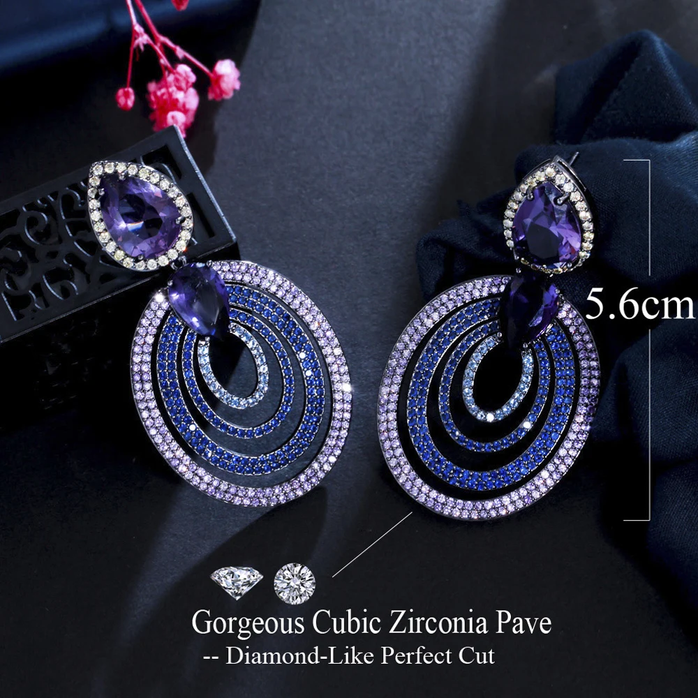 ThreeGraces-pendientes bohemios de circonia cúbica para mujer, aretes colgantes grandes, redondos, multicapa, púrpura, azul, boda, graduación, joyería fina ER729