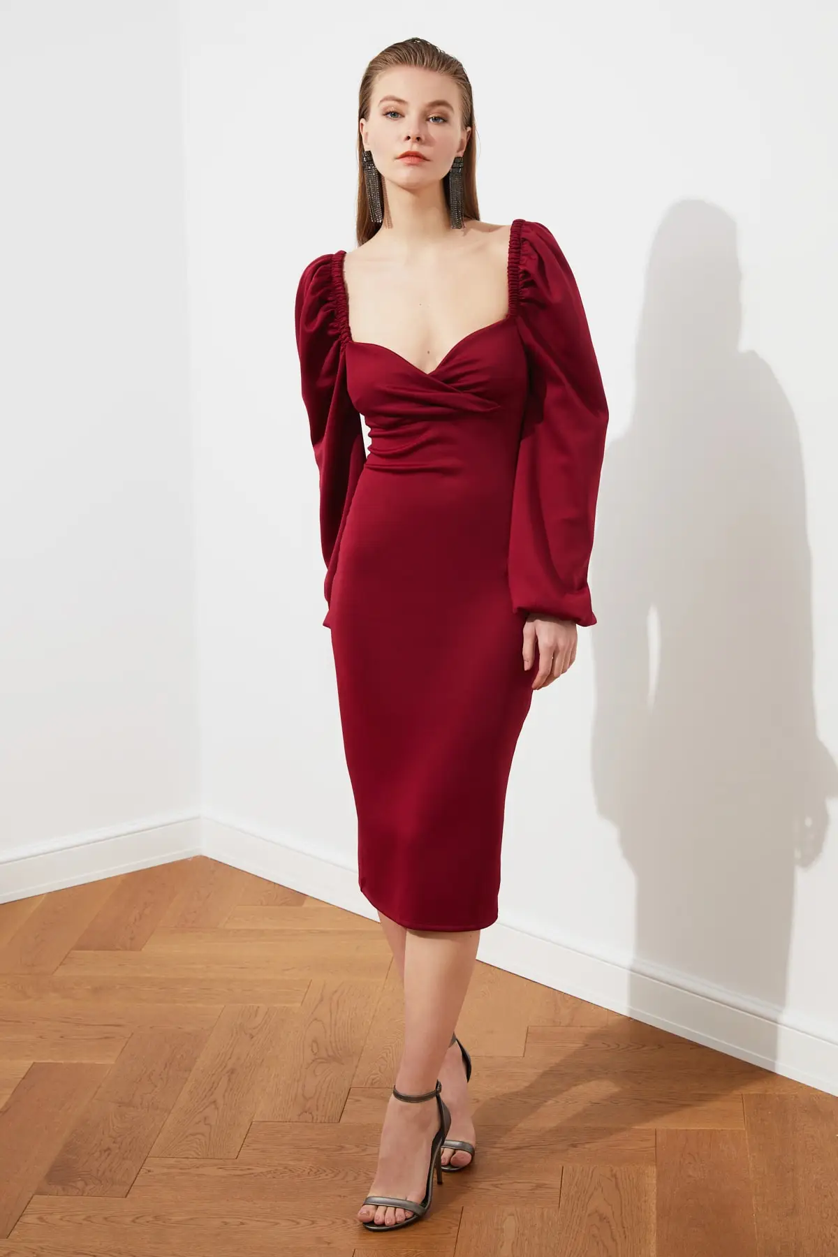 Burgundy Sleeve Detail Dress, Female Utensils, Women 'S Clothes, Burgundy Dress, Elegant Dress