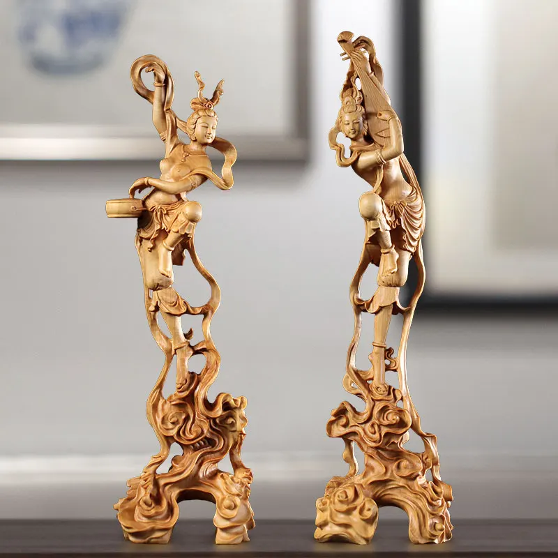 

Hand Carved Wooden Flying Apsaras Statues Pair (Set of 2) Dunhuang Style Figurine Ornament Spiritual Art Home Living Room Decor