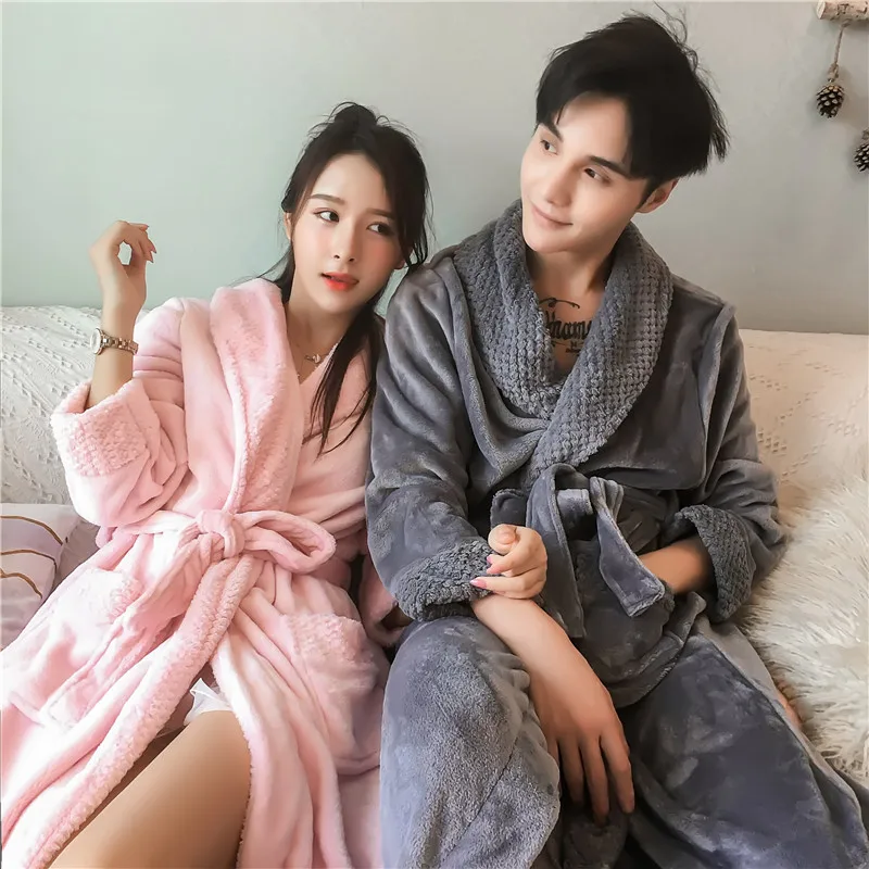 

New Lovers Thickened Lengthened Flannel Nightgown Coral Velvet Winter Homewear Men's Bathrobe Pure Color Warm Comfortable