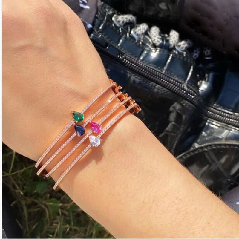 Colorful birthstone red blue green white tear drop CZ bangle bracelet trendy women open cuff bangles