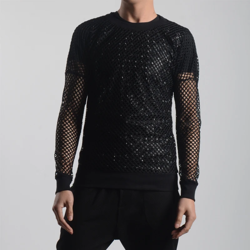 Men Mesh Sexy Long Sleeve Shirt Personalized Blouse Hollow Perspective Fishnet Stylish