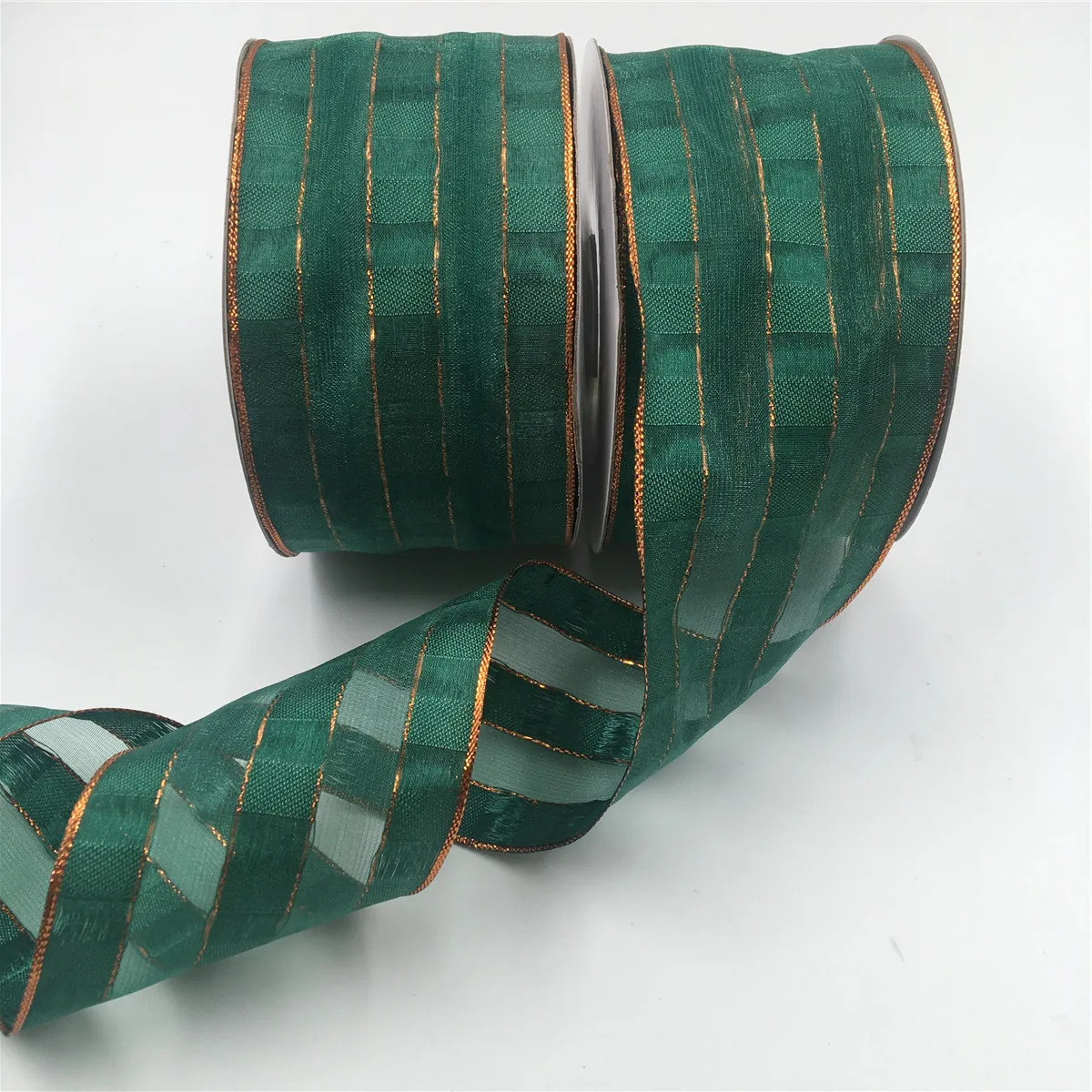 25Yard 63MM Wired Edge Green Organza Ribbon With Copper Line  for Birthday Chirstmas Decoration Gift DIY Wrapping 2-1/2\