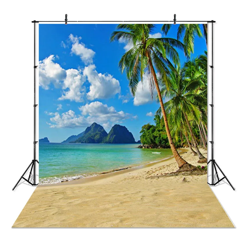 Sea Beach Sand Cloudy Blue Sky Scene Summer Beach Photography Backdrop for Photo Studio Tropical Palms Coconut Tree Background