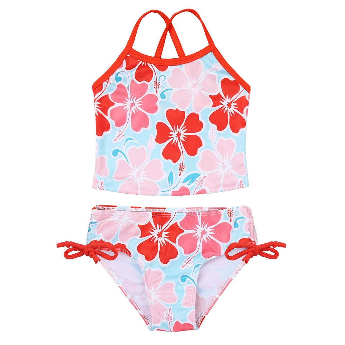 TiaoBug 3 To 14 Years Summer 2Pcs Kid Girls Tankini Floral Printed Swimsuit Swimwear Bathing Suit Tops With Tie Side Bottoms Set