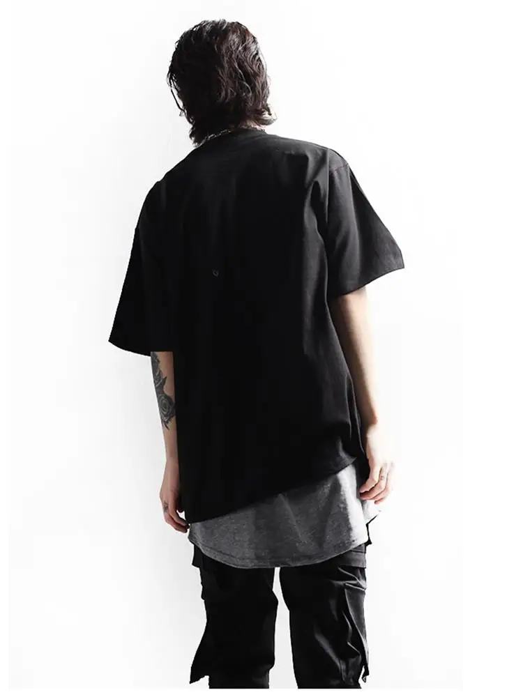 Men's Short Sleeve T-Shirt Summer New Personality Mesh Bag Stitching Round Collar Fashion Youth Leisure Large Size Half Sleeve