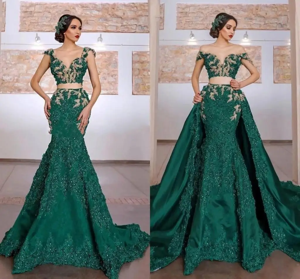 Arabic Two Pieces Prom Dresses with Detachable Train Lace Applique Green Mermaid Evening Gowns Robe Soirée De Mariage