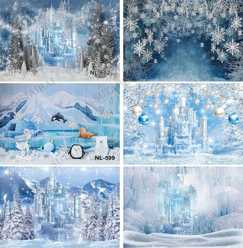 Winter Wonderland Christmas Backdrops Ice Castle Snow Winter Snow Landscape Background Frozen Pine Tree Forest Photo Background