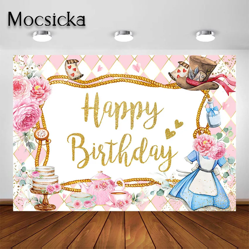 Mocsicka Tea Party Backdrop Princess First Birthday Party Decorations Alice in Wonderland Birthday Photo Background Photoshoot