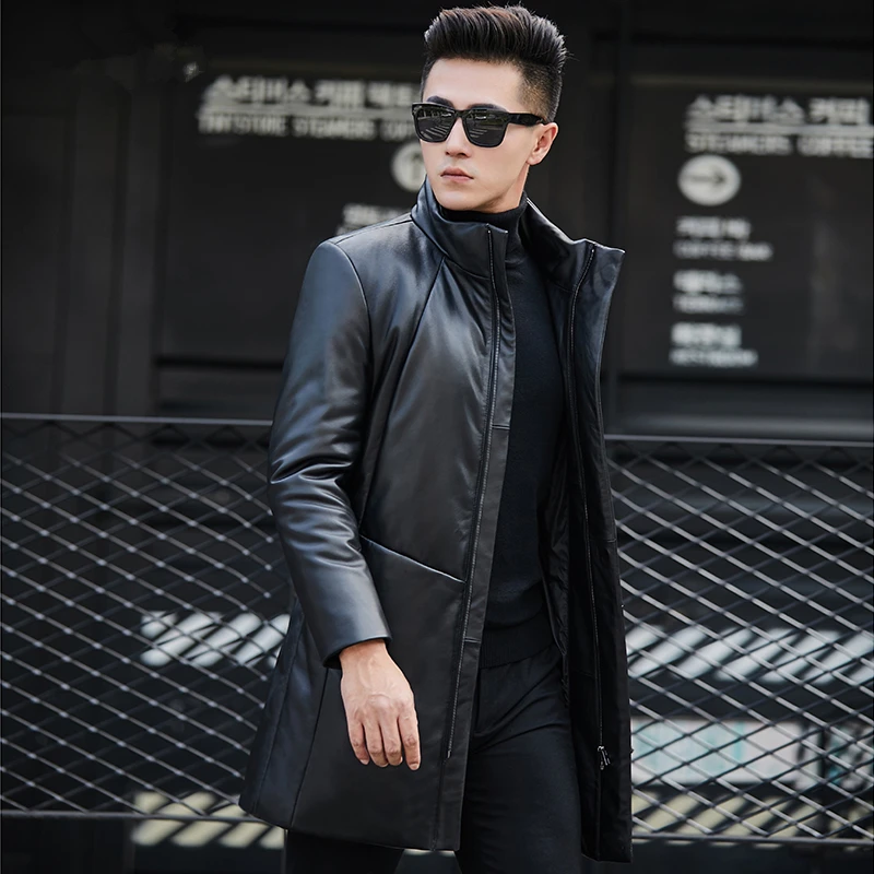 Winter Genuine Leather Jacket Men Clothes 2020 Streetwear Real Sheepskin Duck Down Coat Long Leather Jackets Hooded 6803