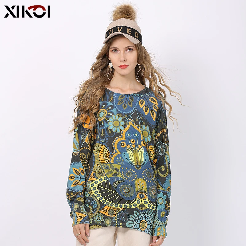 XIKOI Winter New Retro Print Sweater Women Pullovers Knitted O-Neck Jumper Women Oversized Warm Sweaters High Elastic Pull Femme