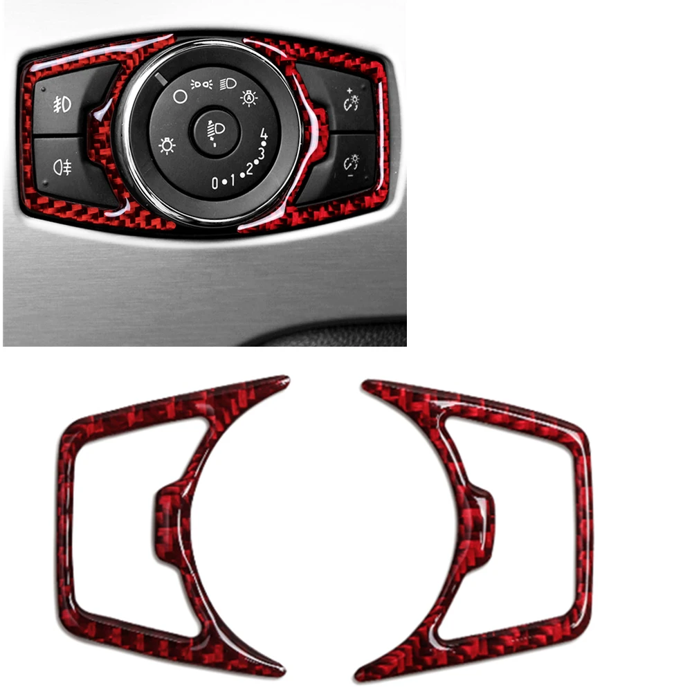 

For Ford Mustang 2015-2023 Headlight Switch Trim Car Front Head Light Lamp Button Key Frame Strip Red Carbon Fiber Sticker Cover