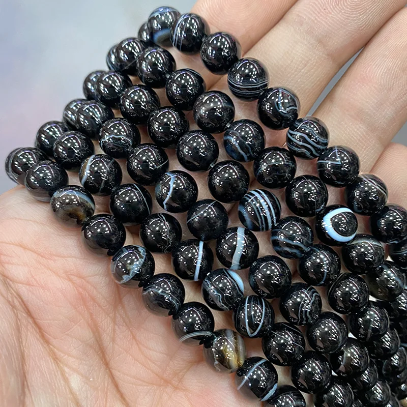 Natural Stone Banded Black Lace Agates Round Beads 15