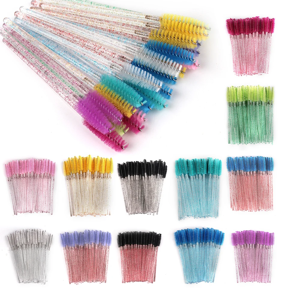 100pcs Disposable Eyelash Brush Crystal Eye Brush Diamond Handle Mini Mascara Wands Brush Professional Beauty Tool