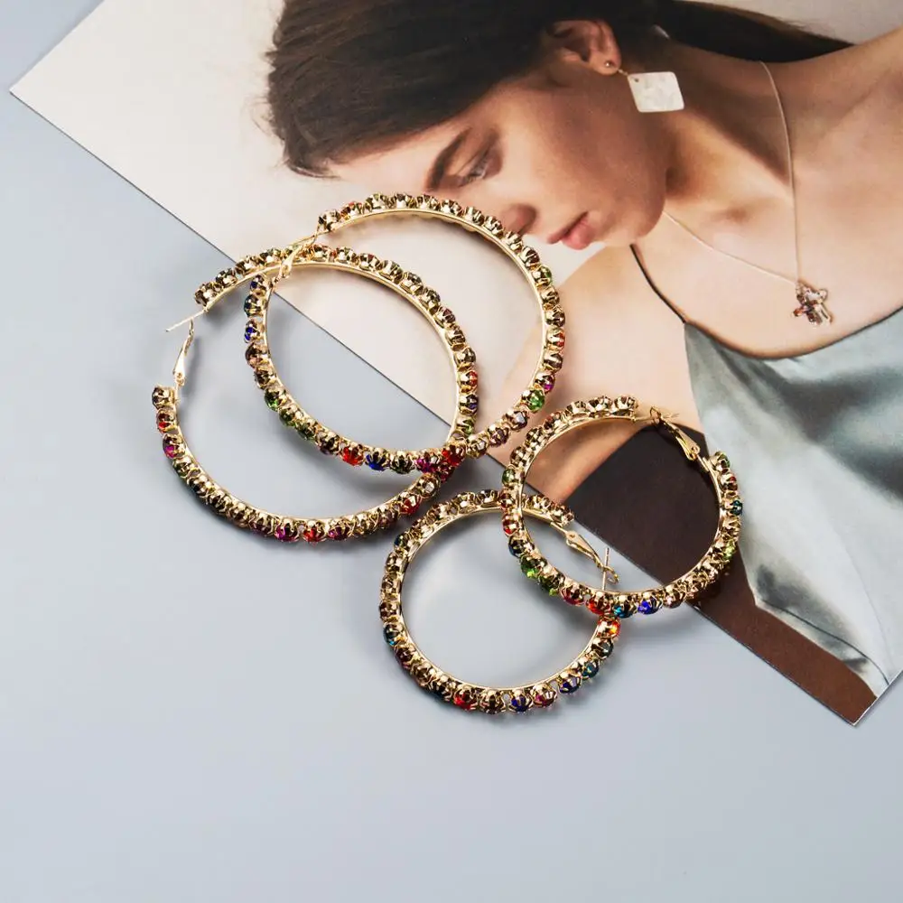 TREAZY New Multicolor Rhinestone Big Hoop Earrings for Women Wedding Party Jewelry Trendy Crystal Celebrity Statement Earrings