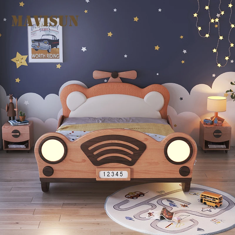 Car Bed Solid Wood Boy Child Bed With Guardrail Beech Single Bed Net Celebrity Boy Cartoon Creative Soft Pack Bed Furniture Bed