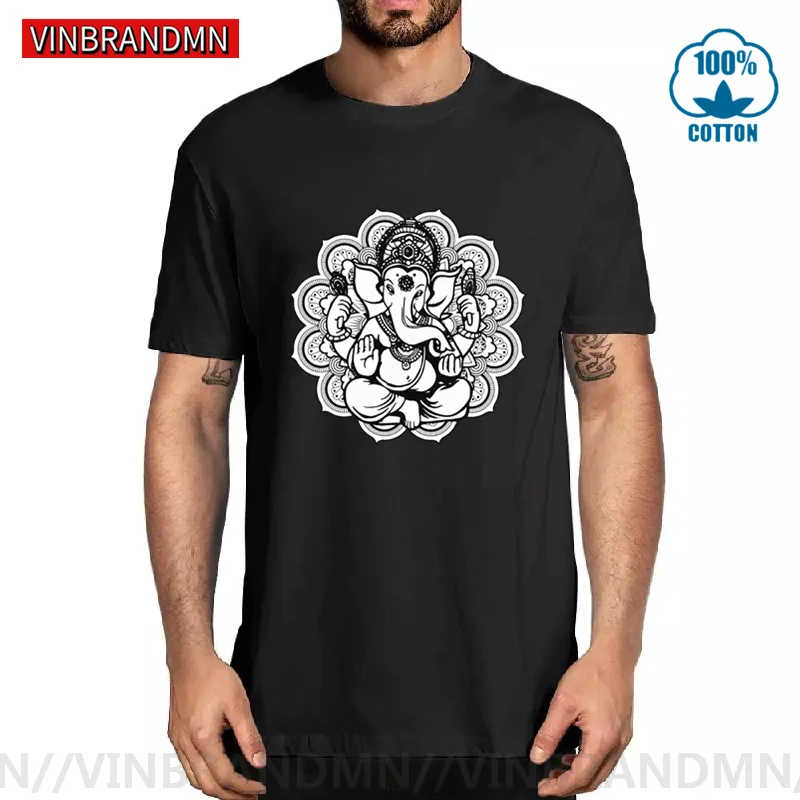 Vinbrandmn Ganesh Mandala design T-shirts for male llustration of Indian Elephant God T shirts men Hindu Ganesh Tee shirt camisa