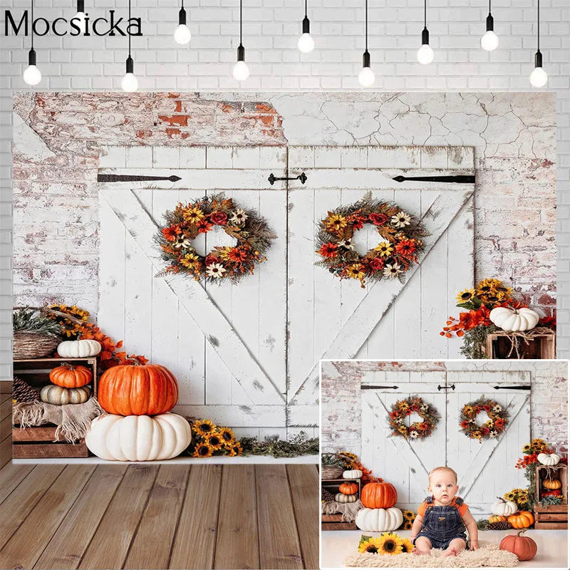 

Autumn Small Pumpkin Photography Backdrop Fall Floral Wooden Door Background Brick Wall Newborn Birthday Halloween Photo Studio