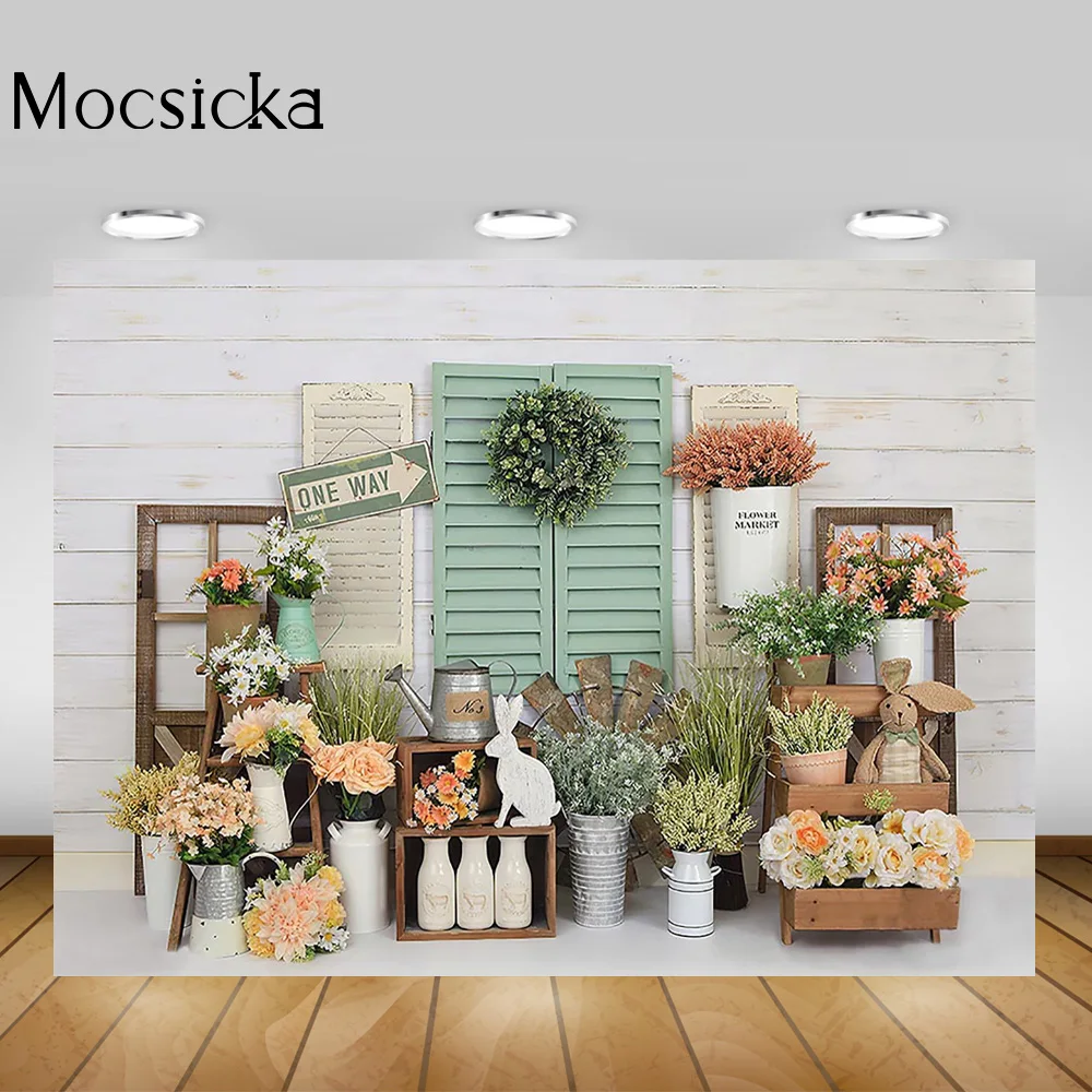 خلفية تصوير لسوق زهور الربيع، خلفية زهرية على شكل أرنب عيد الفصح، خلفية صورة للأطفال، لوحة خشبية من العشب الأخضر للتصوير الفوتوغرافي