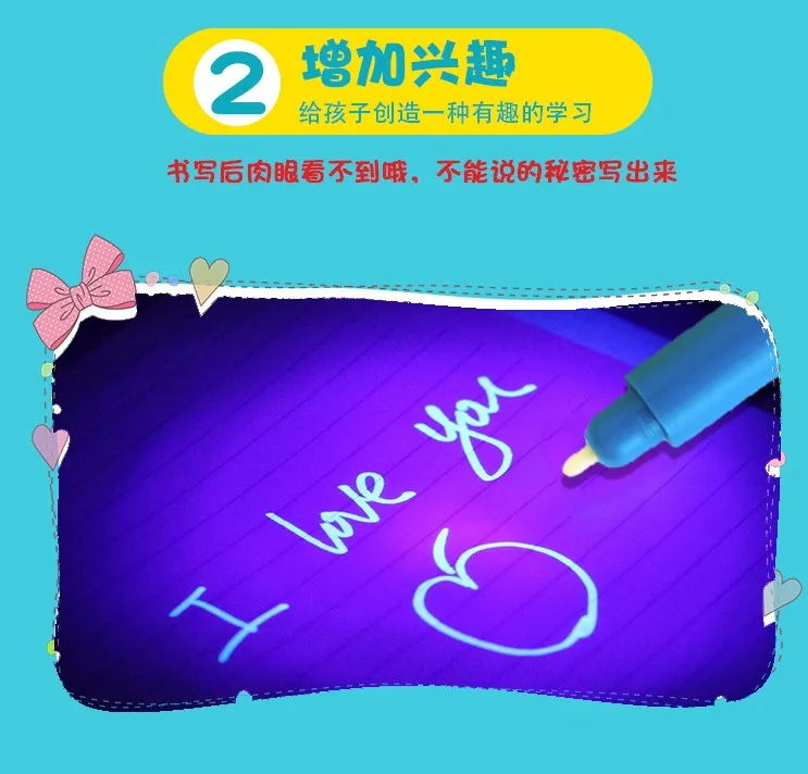 2PCS/lot, 3 Colors Invisible Marker Pen UV Light Pen  Fluorescent Secret Pen