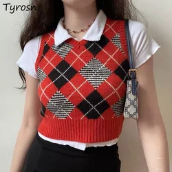 Sweater Vests Women Plaid Cropped Knitting Womens Clothing V-neck Leisure All-match Students Preppy Style College Daily Outwear