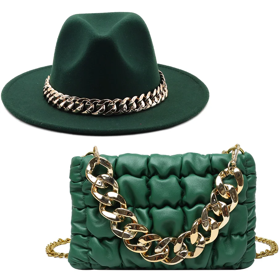 New luxury Girl Wool Chain Fedora Hat Oversized Chain Accessory Bag Hat For Women flat top Hat Latest Two-piece Set шапка