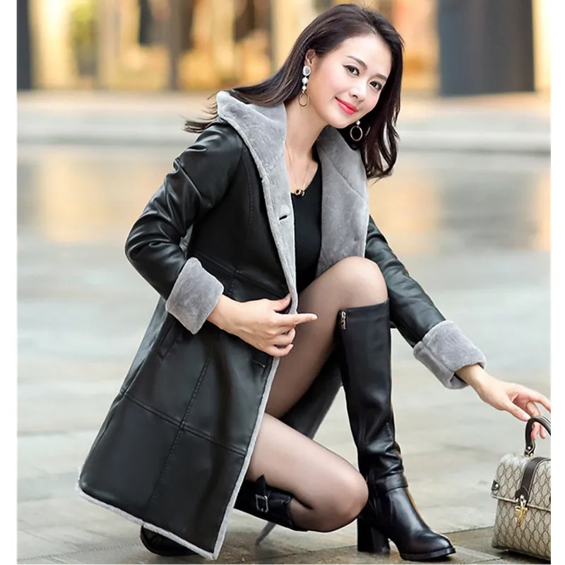 UHYTGF Leather Jacket for Coat Womens Winter leather jacket Women Hooded Fleece Coat Warm Long Leather Coat Female Outerwear 520