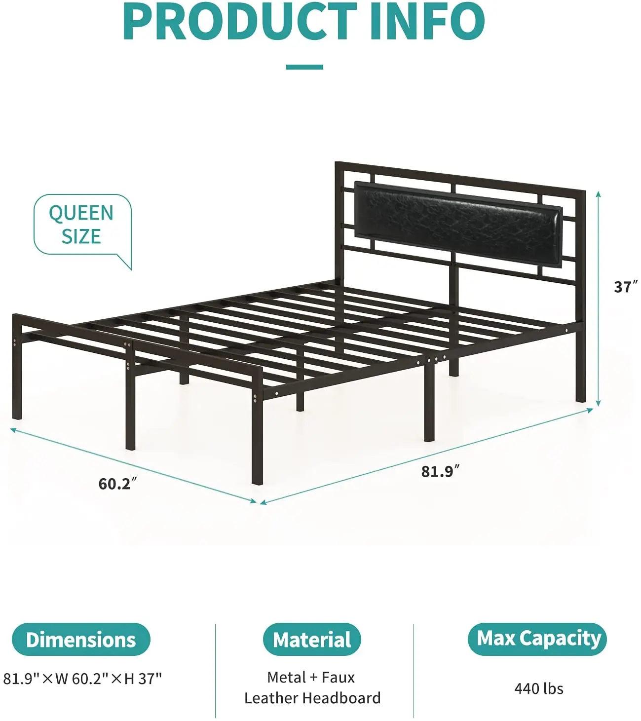 Metal Queen/Full/Twin Bed Frame with Upholstered Faux Leather Headboard Vintage Rustic Brown Style Platform Mattress Foundation