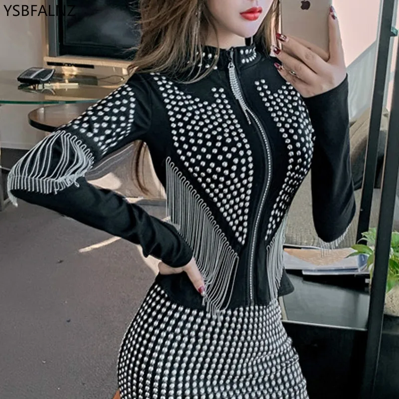 Spring 2023 Sexy Rivet Tassel Short Coat Womens Fashion Autumn Korean Hot Drill Clothes Shiny Zipper Stand Jacket Ropa Mujer New