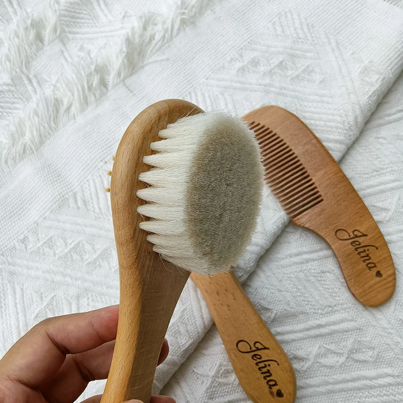 Personalized Baby Care Pure Natural Wool Wooden Brush Comb Brush Baby Hairbrush Newborn Hair Brush Infant Comb Head Massager