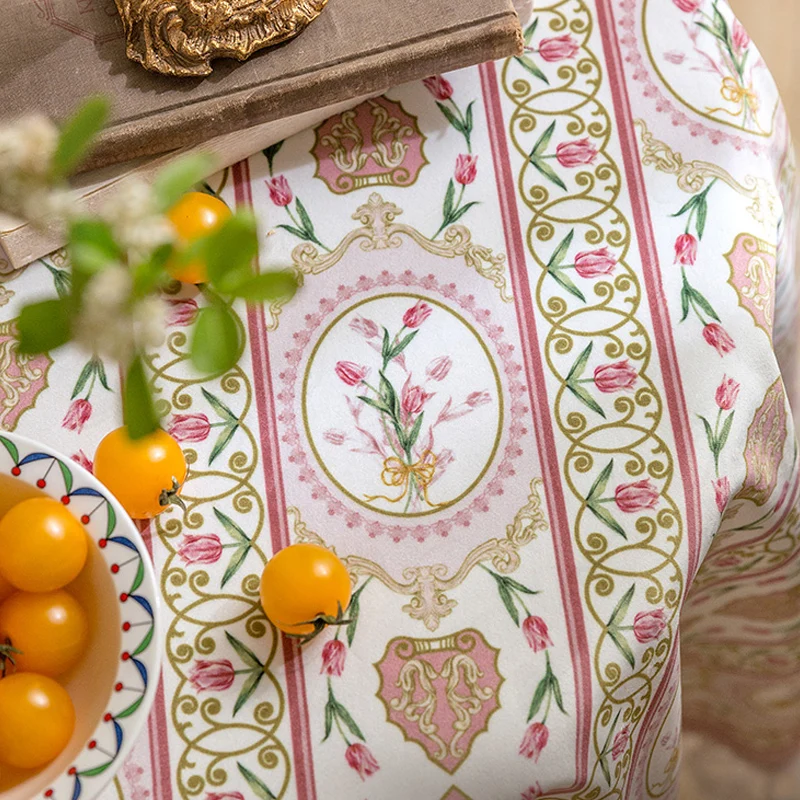 Pink tulip lace tablecloth French pastoral round tablecloth American fresh romantic square cover tablecloth advanced feeling