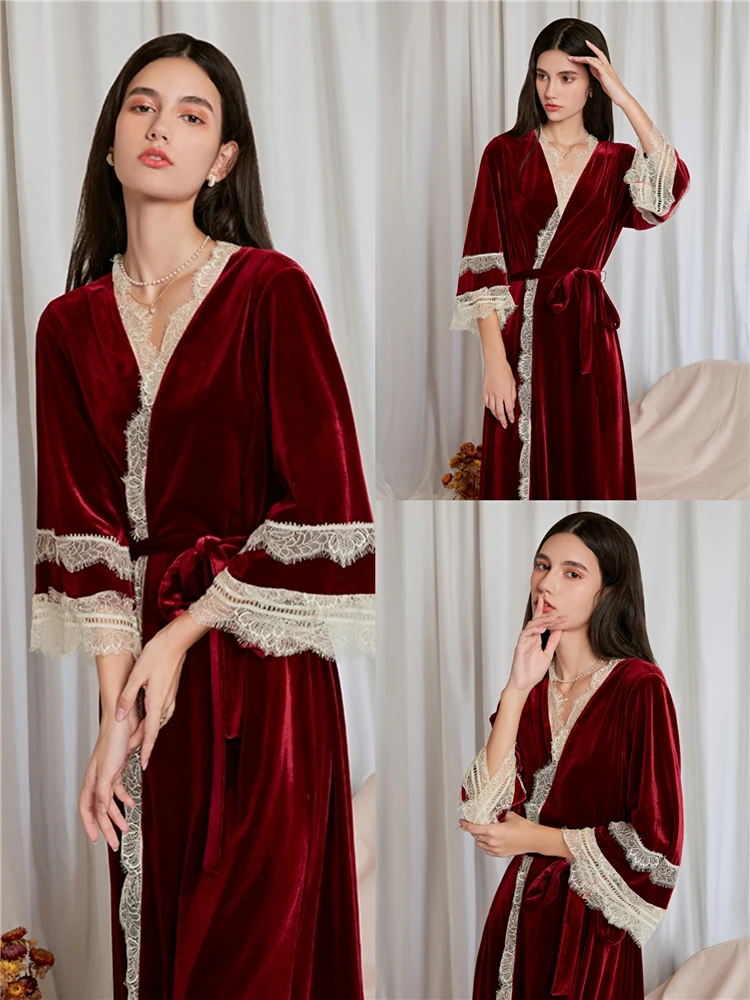 

Qins Bride Morning Gowns Pajamas Female Autumn Winter Red Velvet Nightgown Set Thickened Lace Wedding Cape Cloak