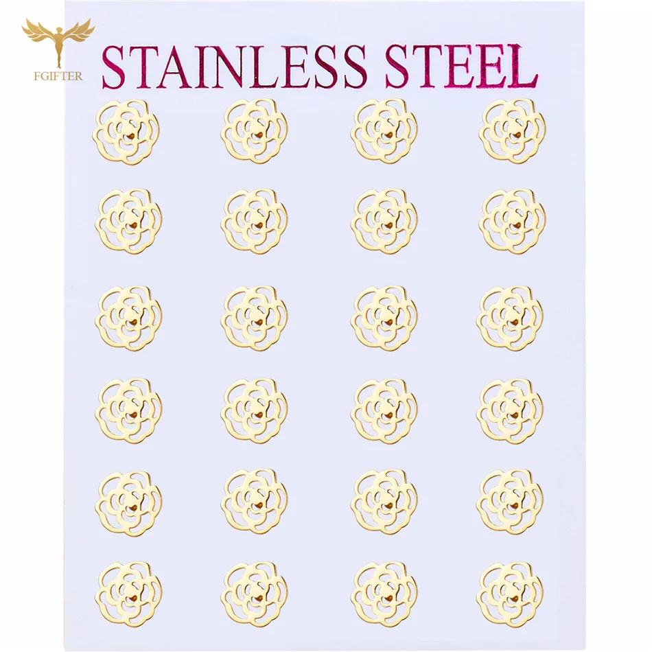 Wholesale Stainless Steel Earrings Pack Beautiful Flower Ear Studs Women Accessories Luxurious Gold Color Jewelry Set 12 Pairs