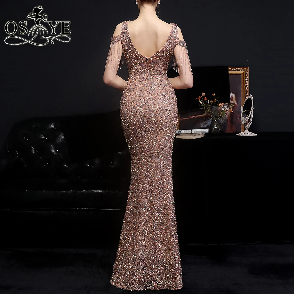 Sparkle Bruin Avondjurken Sequin Fit Lange Avondjurk Glitter Side Mouwen Party Jurk Mermaid V-hals Shiny Goldformal Gown