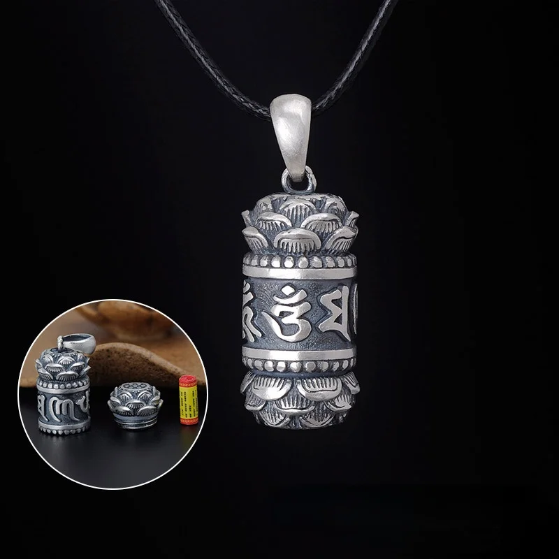 Vintage Buddhism Six Word Truth Amulet Pendant Necklace for Men Women Good Lucky Jewelry Shurangama Mantra Lotus Necklace Gifts