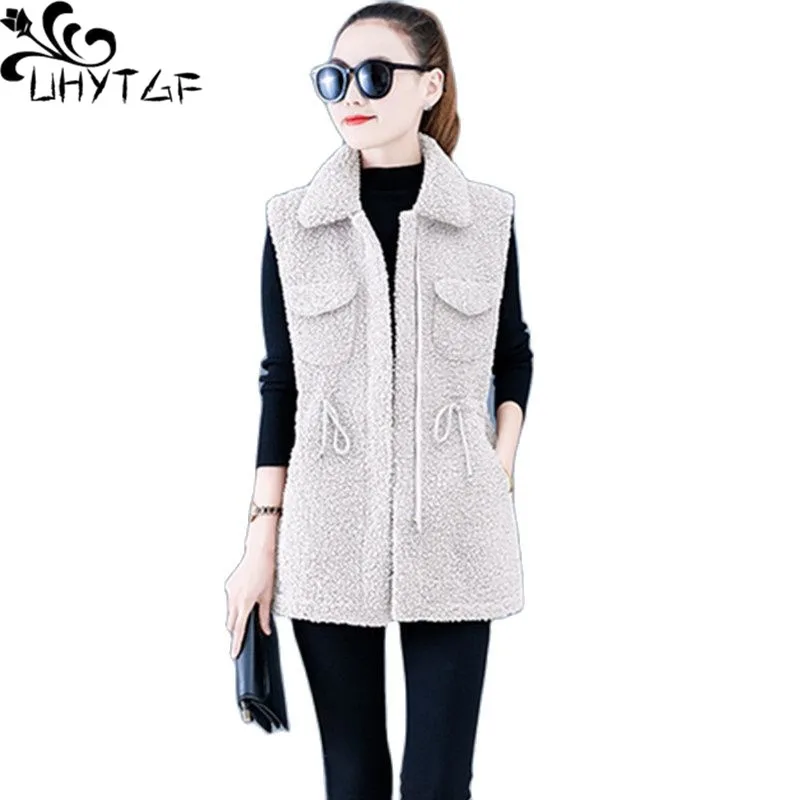 UHYTGF Women's Autumn Winter Jacket Zipper Casual Loose Size Vest Coat Lambswool Sleeveless Female Waistcoat Chaleco Mujer 2317