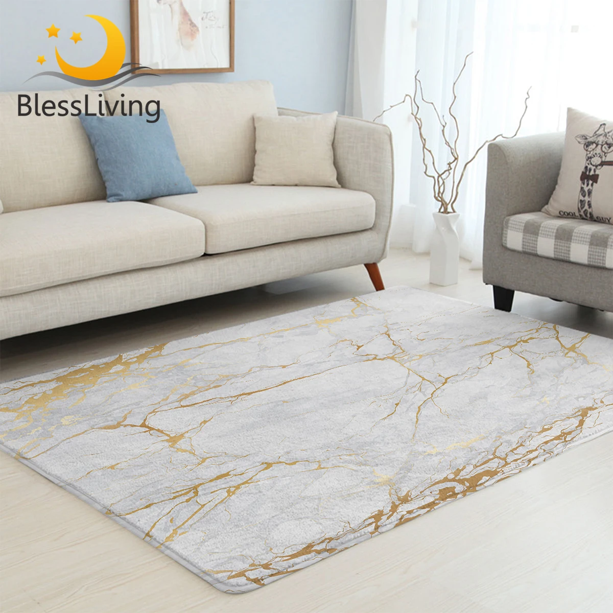 

BlessLiving Marble Center Rug Golden White Stylish Living Room Carpet Modern Bedroom Carpet Anti-slip Realistic Tapis Chambre