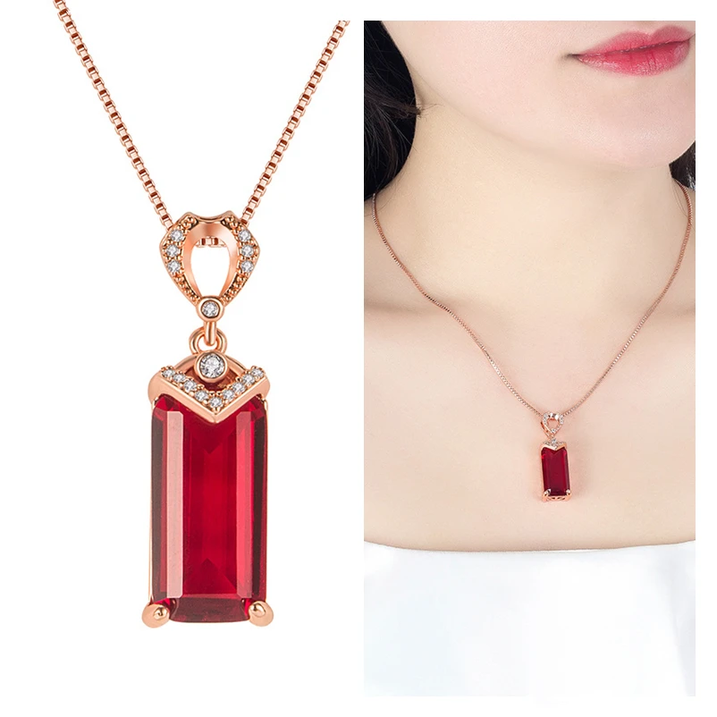 Bright Crystal Red Rectangle Pendant Necklace For Lady Choker Accessories Rose Gold Chain On Neck For Women Silver 925 Necklaces