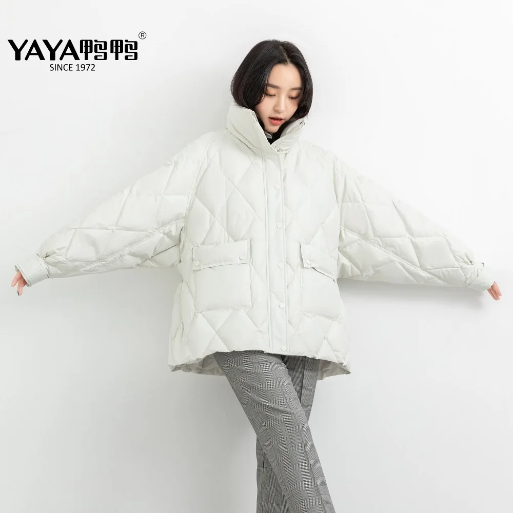 YAYA 2021 Winter Women\'s New Short 90% Puffer Duck Down JacketThick Stand Collar Casual Zipper Button Outerwear Over Padded Coat