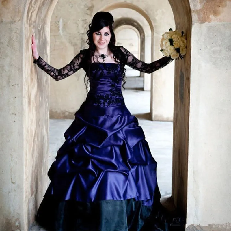 Victorian gótico plus size vestidos de noiva de manga longa roxo e preto babados cetim vintage espartilho strapless laço vestido de noiva