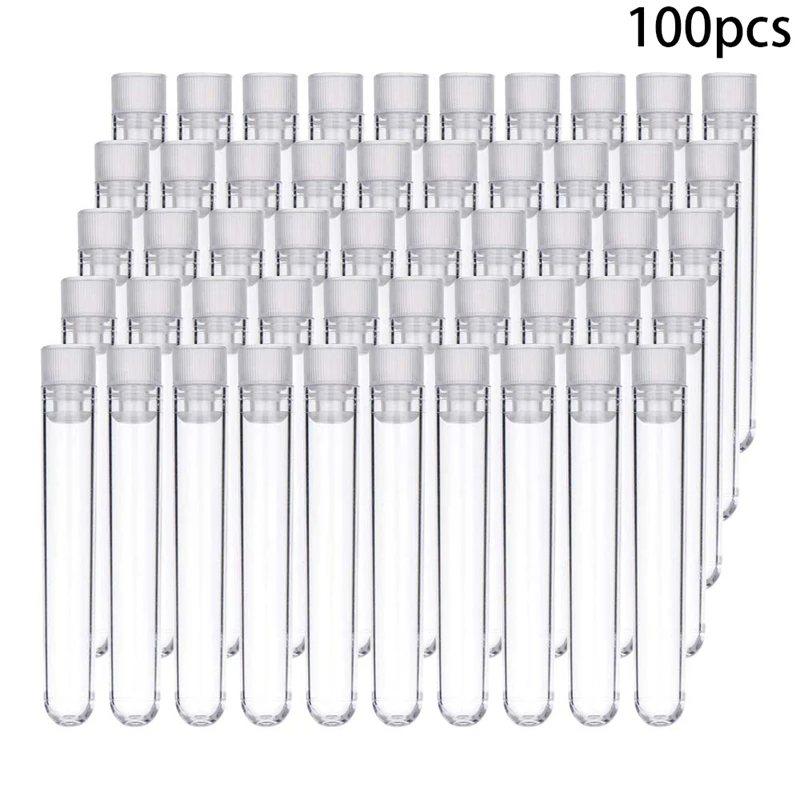 100Pcs Clear Plastic Test Tubes with White Screw Caps Sample Containers Bottles Push Caps 12X75mm