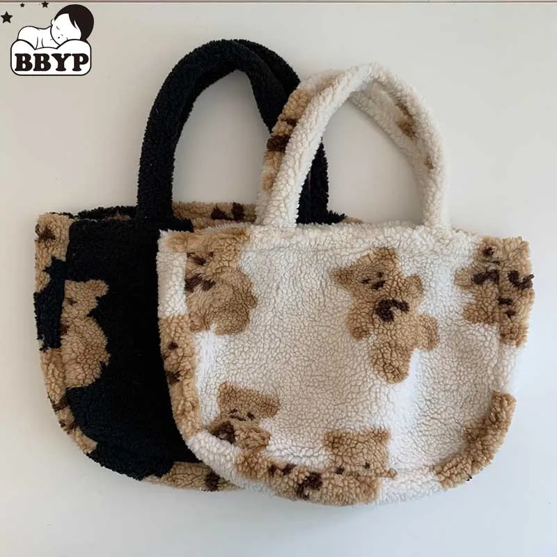 Plush Bear Handbag Warm Lamb like Fabric Underarm Bag Small Canvas Tote Soft Fluffy Cloth Shoulder Bags Cute Purses For Girls