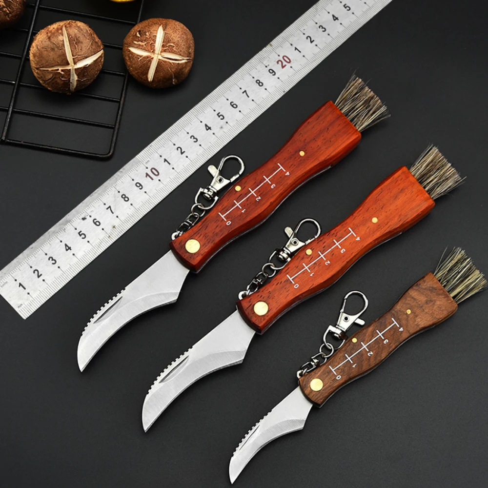 Outdoor Camping BBQ Mushroom Knife With Brush Portable Keychain Sharp Hunting Survival Multifunctional Folding Knife Brushes