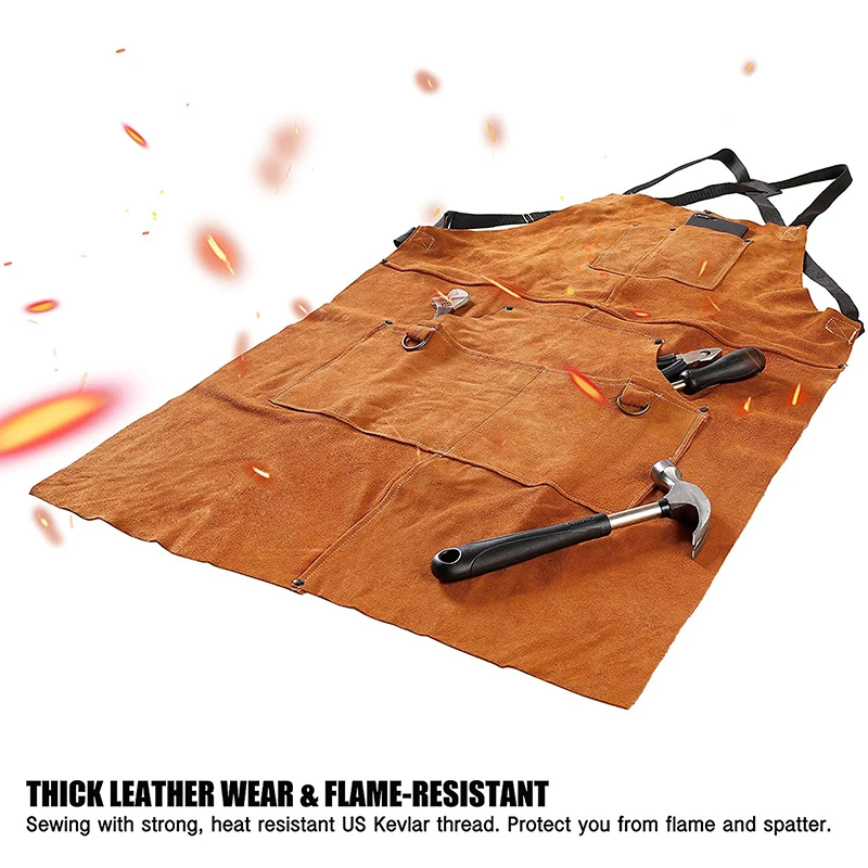 Cowhide Real Leather Work Shop Apron with 6 Tool Pockets Heat & Flame Resistant Durable Heavy Duty Welding Apron for Men Women